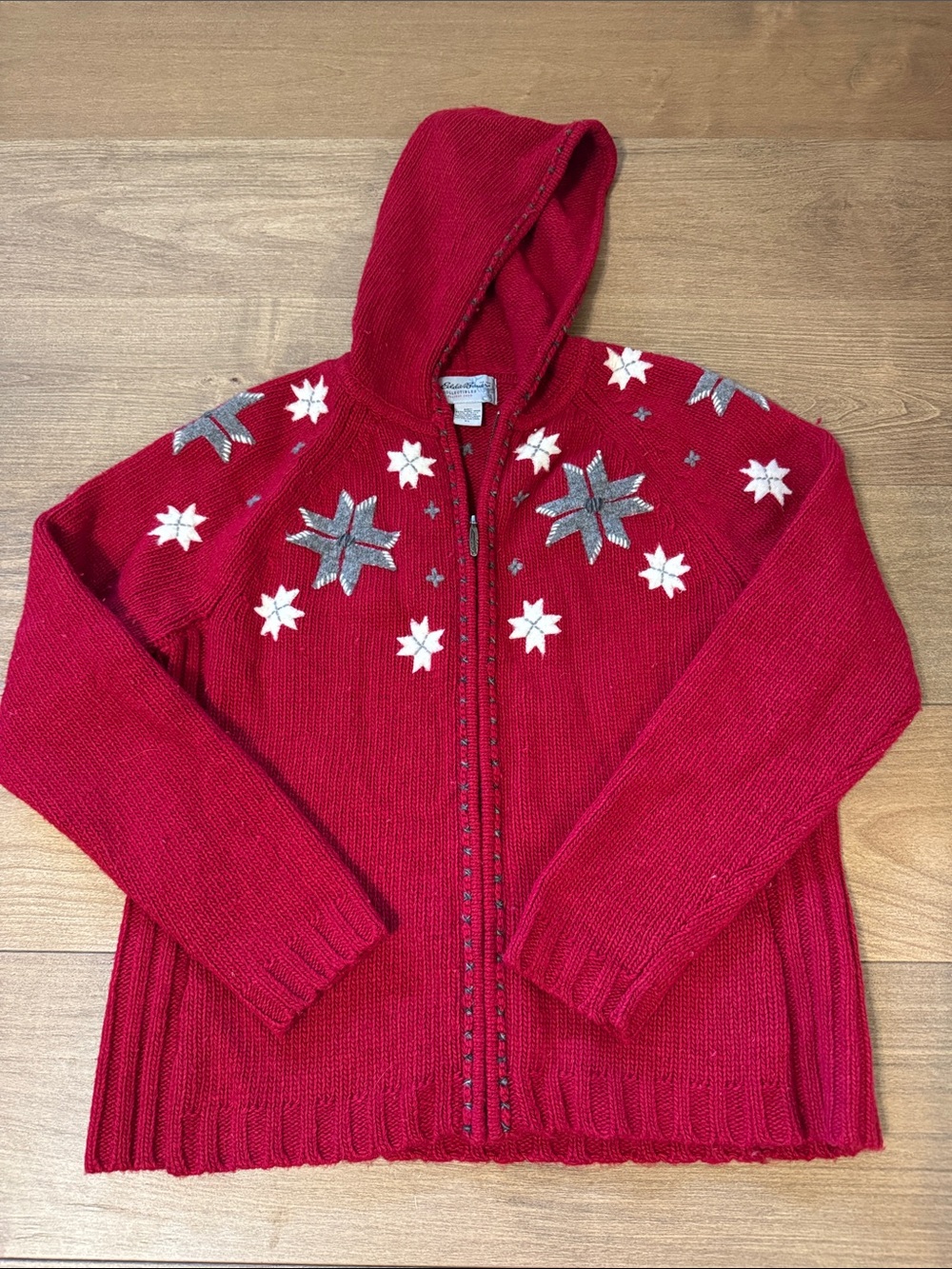 Eddie Bauer Red Collectible Holiday Hooded Zip Wool Cardigan with Embroidery